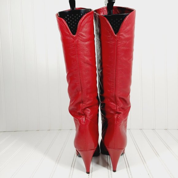 Bandits Soft Red Leather Knee High Slip On Heeled Tall Boots A901 - Picture 6 of 16